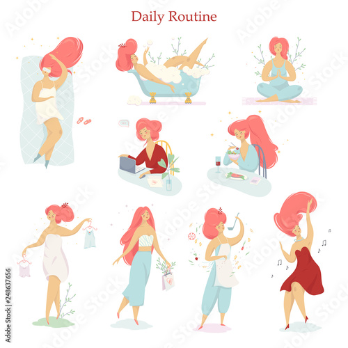 Woman daily routine set. Female character doing