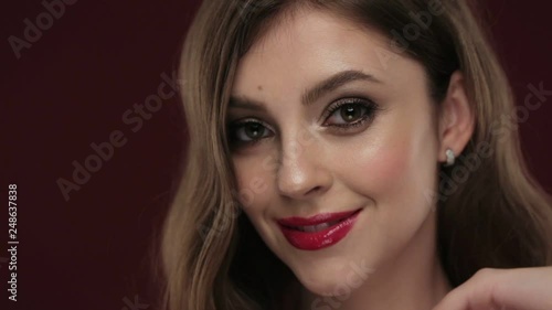 Wallpaper Mural Beautiful brunette model with curls, classic makeup and sexy red lips. Torontodigital.ca