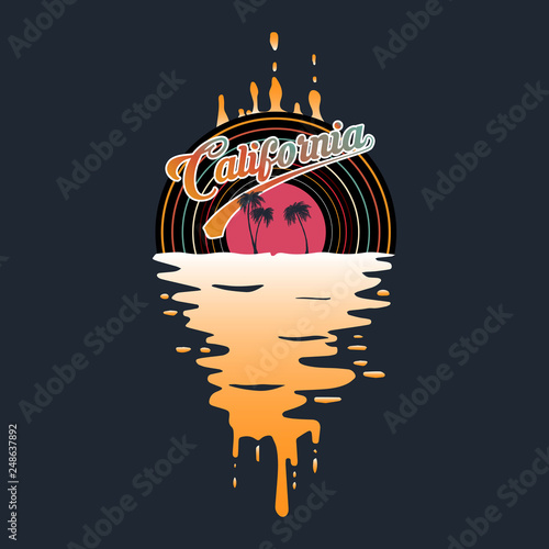 california circle t shirt design.summer colors. sun is flowing and flaking. vector illustration.EPS 10