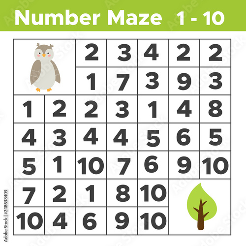 Number maze, math puzzle game for children. Help the owl find a tree. Counting from one to ten. Worksheet for preschool and school kids. Vector illustration. photo