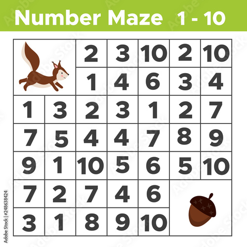 Number maze, math puzzle game for children. Help the squirrel find a acorn. Counting from one to ten. Worksheet for preschool and school kids. Vector illustration.