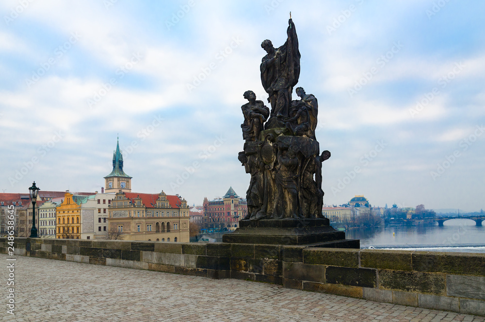 Sculptural compositions of Charles Bridge, Prague, Czech Republic. Saint Francis Ksaveriy, missionary of Catholic Church