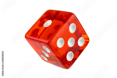 Red glass dice closeup isolated on white without shadow. One, three, five.