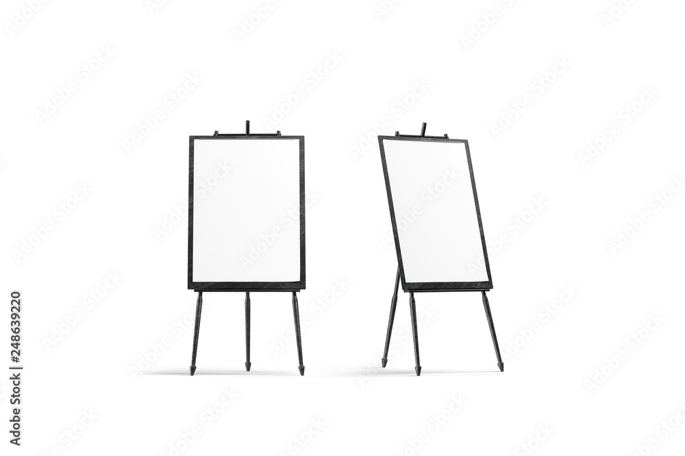 Blank white art canvas stand on black wooden easel mockup, isolated, 3d  rendering. Empty sketch mock up, side view. Tripod with banner for school  or studio. Clear exhibition painting template Stock Photo 