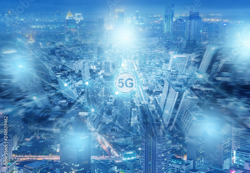 Multiple exposure of 5G connection technology in the complicated city.
