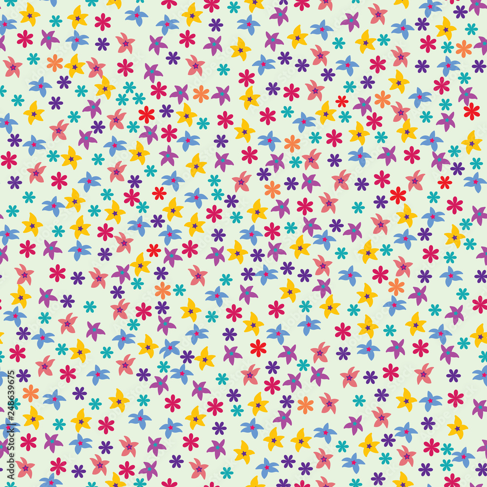Vector of seamless floral pattern with small flowers and colorful stars. Arranged in ditsy style. Design for textile, fabric, wallpaper, wrapping, scrapbook, and packaging.
