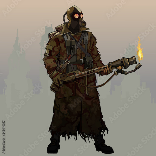 cartoon armed man in gas mask and post apocalypse clothes