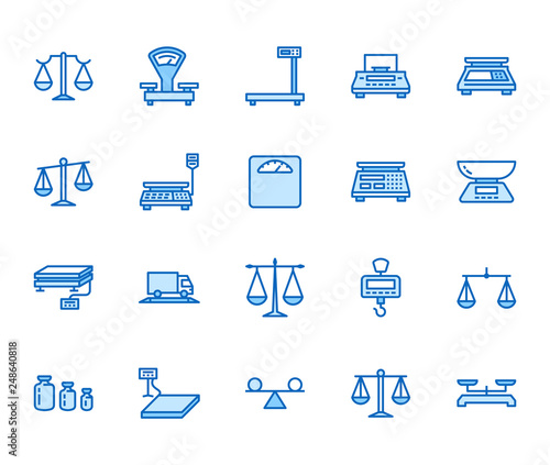 Balance flat line icons set. Weight measurement tools, diet scales, trade, electronic, industrial scale calibration vector illustrations. Thin sign justice concept Pixel perfect 64x64 Editable Stroke