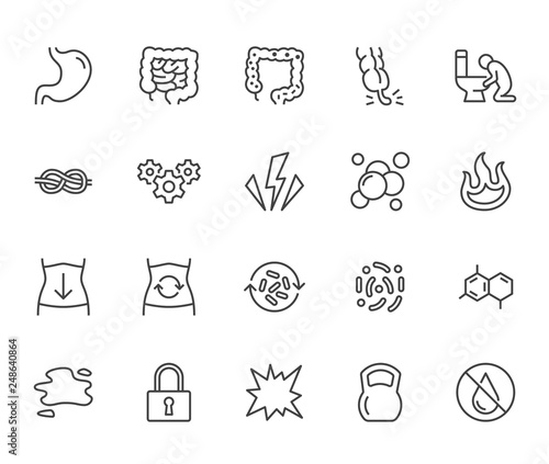 Symptoms of abdominal disease flat line icons set. Stomach pain, appendicitis, heartburn, spasm, diarrhea vector illustrations. Thin signs digestion for digestion. Pixel perfect 64x64 Editable Stroke