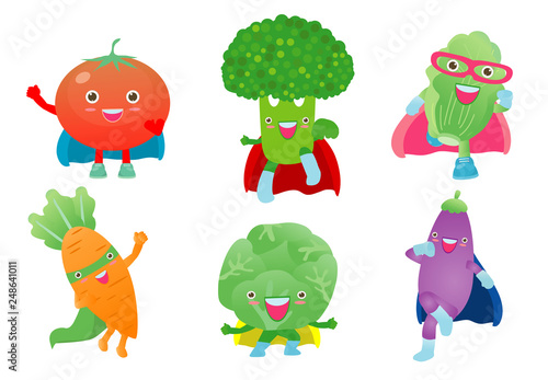 Cute happy Superhero Vegetables in a superhero costume, mask and cloak. Vector concept illustration in a flat style for a healthy eating and lifestyle.Set Of Cute Childish Cartoon Humanized Characters