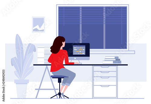 Workplace in office. Business woman working on computer at her desk. Vector illustration. Workspace