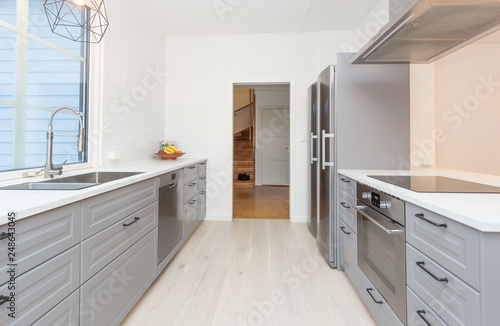 clean kitchen interior with grey cupboards and  kitchen drawers