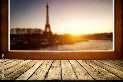 Table background and window sill space with Paris landscape  © magdal3na