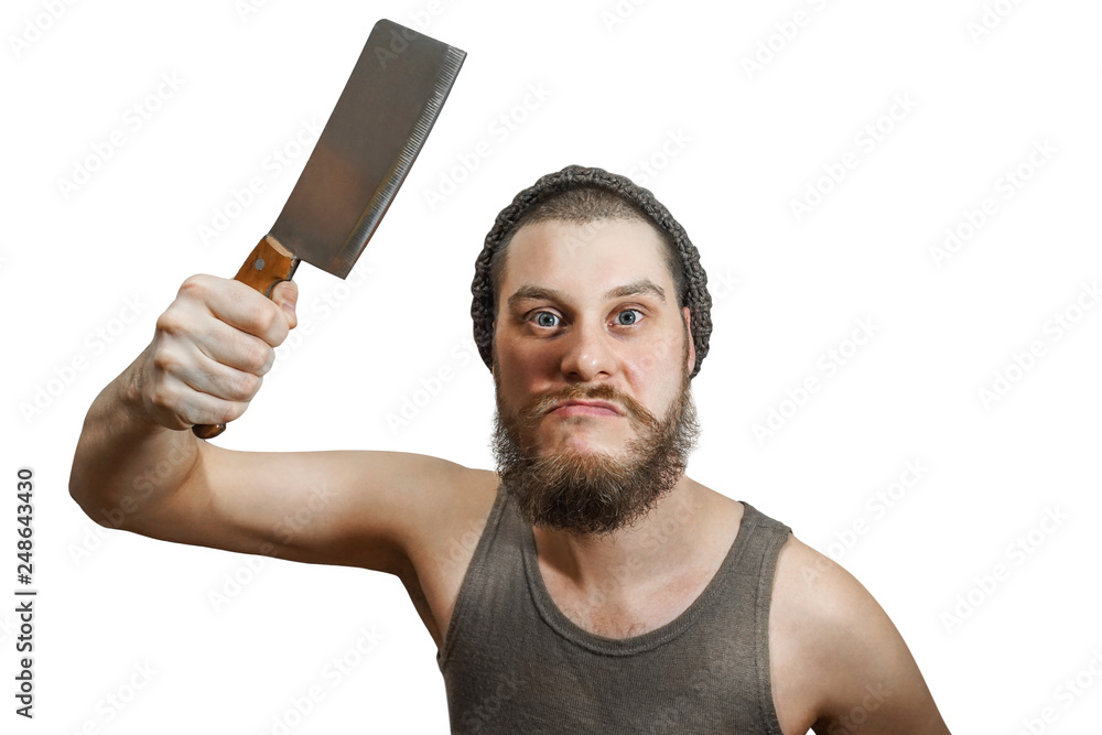 Portrait of the crazy attractive butcher guy holding ax in hand on isolated background Portrait of the crazy attractive butcher guy holding ax in hand on isolated background