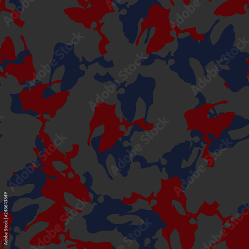 Urban camouflage of various shades of grey, blue and red colors