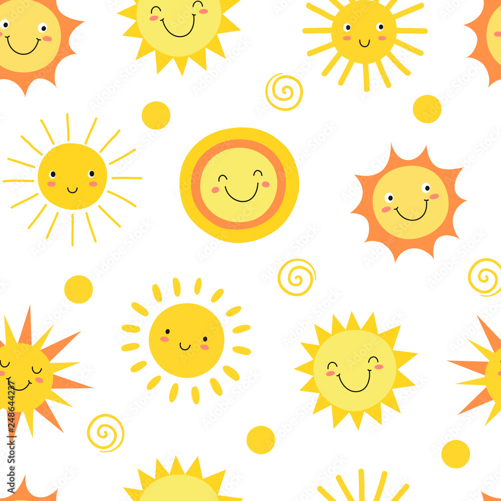Sun seamless pattern. Summer hot weather sunshine heat funny. Doodle sun  vector endless texture. Illustration of sunny and sunshine background Stock  Vector | Adobe Stock