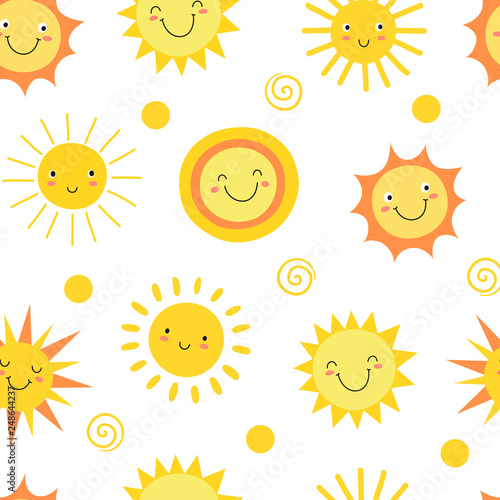 Sun seamless pattern. Summer hot weather sunshine heat funny. Doodle sun vector endless texture. Illustration of sunny and sunshine background