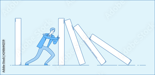 Domino effect. Businessman holding falling domino. Determination resistance pushing chain reaction hard work business vector concept. Businessman with domino reaction, hard deck illustration