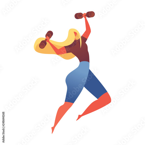 Muscular young girl jumping with little dumbbels. Isolated on white vector sport character good for gym or aerobic classes