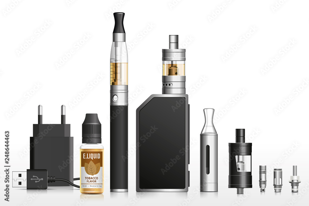 Realistic vector illustration of vaping elements Realistic vector illustration of vaping elements