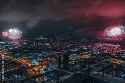 Photography A few fireworks over the moscow luzhniki and victory park roof top view panorama