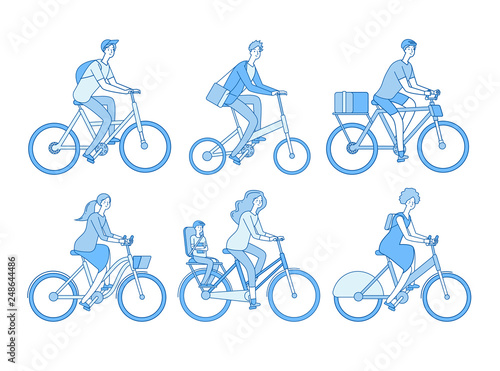 Cyclist set. Active people riding bicycle, adult persons bicyclist in helmet biking. Isolated line vector characters. Illustration of cyclist people, relaxation and sportive transportation