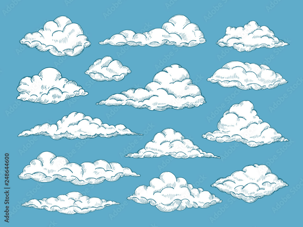 Hand drawn clouds. Pencil sketch sky cloudscape. Outline sketching