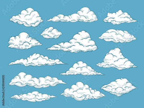 Hand drawn clouds. Pencil sketch sky cloudscape. Outline sketching cloud vintage vector engraved background. Cloudscape drawing, atmosphere doodle sketchy clouds illustration