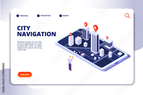 Gps isometric concept. Navigation city 3d map mobile phone, phone tracker with global positioning app. Landing vector page. Illustration of smartphone gadget navigator 3d