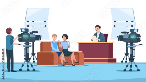 Tv studio interview. Talk show in broadcasting studio on television. Talking people with microphone to camera. News crew vector image. Tv studio, show live discussion interview illustration