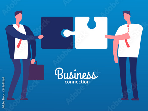 Cartoon businessmen with puzzles. Business cooperation vector concept. Businessman cooperation business, cartoon people partnership illustration