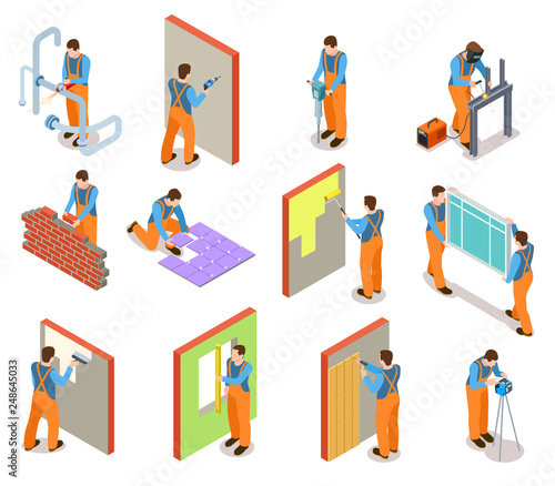 Isometric construction workers. Builder doing various works with material professional equipment. Industrial construction vector set. Illustration of professional worker isometric, equipment builder