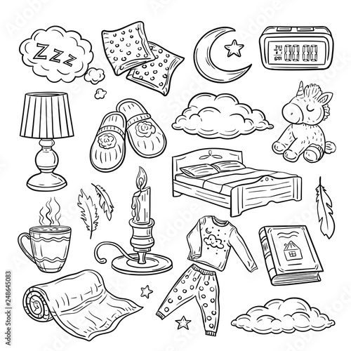 Bedtime doodle. Relax sleep, comfortable pillow feathers dream zzz night dreaming. Sleeping time hand drawn vector set. Sleep doodle element, bedtime outline, clock and lamp illustration
