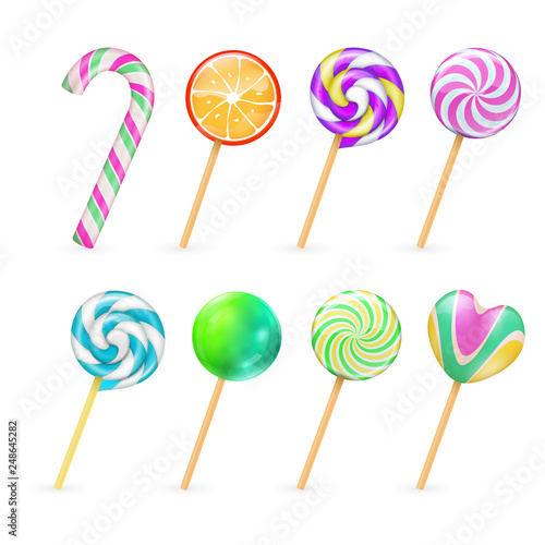 Realistic lollipops candies vector isolated on white background. Illustration of lollipop sugar, candy on stick
