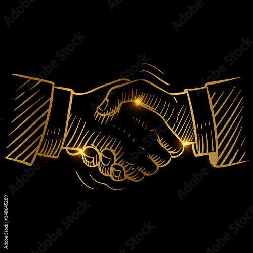Hand drawn handshake. Businessmen making handshake golden vector design. Handshake business success, agreement contract illustration