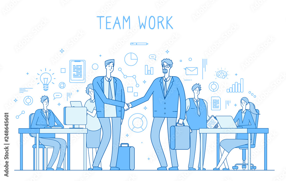 Outsourcing team concept. Creative business teamwork office workers handshaking. Collaboration trendy flat outline vector background. Teamwork outsourcing management, coworking people illustration