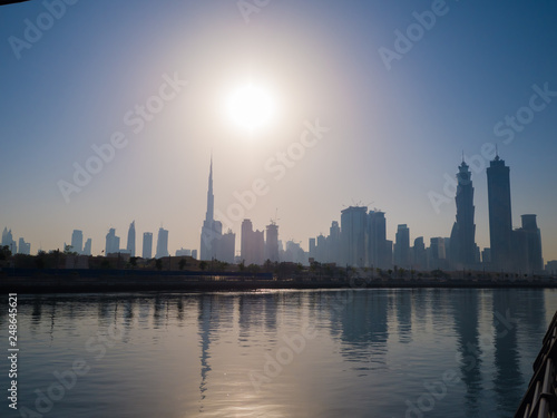 Panorama of the city of Dubai early in the morning at sunrise with a bridge over the city channel Dubai Greek.