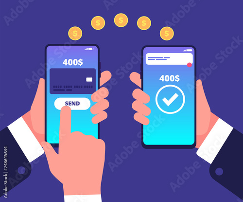 Online payment concept. Mobile transfers, wireless money payments with smartphone. Smart wallet vector background. Illustration of transfer payment, banking wallet online