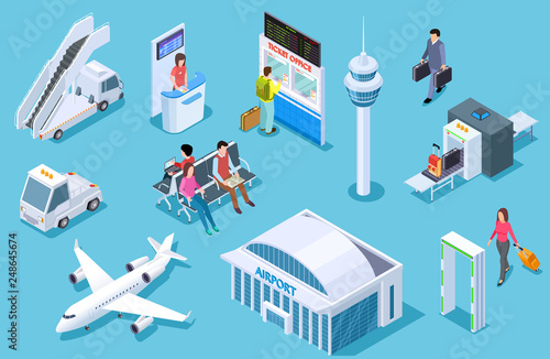 Airport isometric. Passenger luggage, airport terminal. Tower plane passport checkpoint. Business airline travel management vector set. Airport and airplane, luggage and plane illustration
