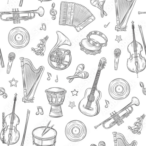 Music seamless pattern. Musical instruments doodles. Rock roll vintage outline hand drawn sketch vector texture. Illustration of music instrument background