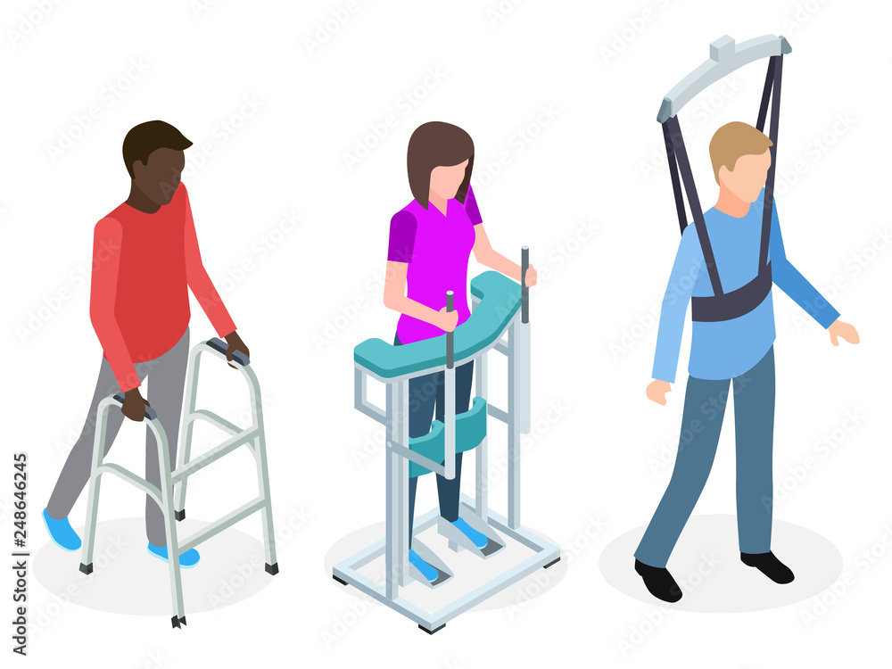 Legs rehabilitation people - isometric vector design. Illustration of rehabilitation patient, treatment and healthcare