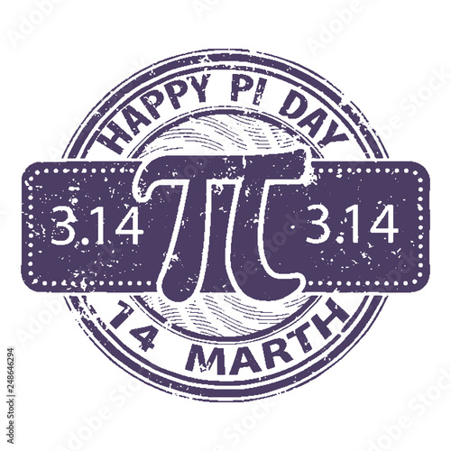 Happy Pi day rubber stamp isolated on white background. 14 march world mathematical holiday event label, greeting card decoration graphic element.The design of the old worn round stamp for holiday