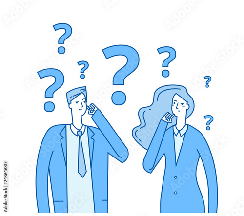 Thinking couple. Confused young girl man with question marks. Troubled people think vector concept. Illustration of woman and man confused and problem