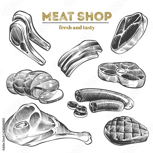 Hand sketched meat products isolated on white background. Vector of steak meat, pork and beef natural illustration