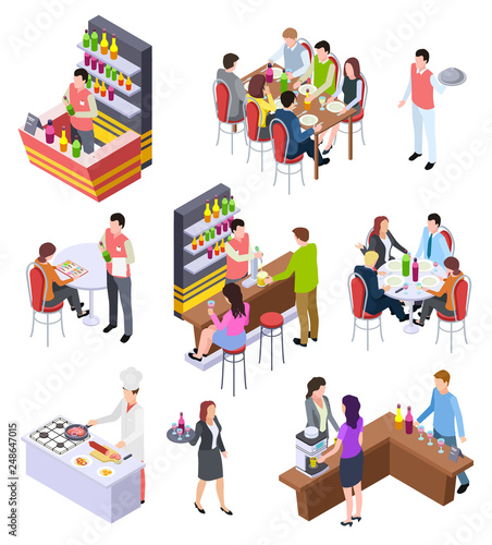 Isometric restaurant. Waiters and people eating lunch at tables in cafe bar restaurant. 3d vector characters set. Illustration of isometric restaurant or cafe, isometry consumer and serving