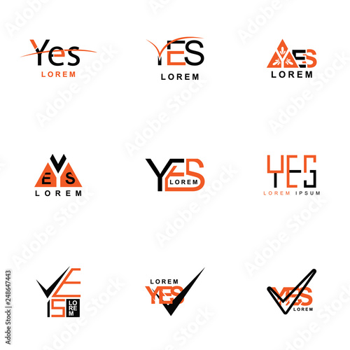 nine logos say "yes" in pack with a triangular shape in black and orange. For process & financial companies, human resources, housing, government divisions. also for digital printing & online business