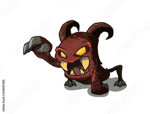 Picture with cartoon red demon and yellow eyes