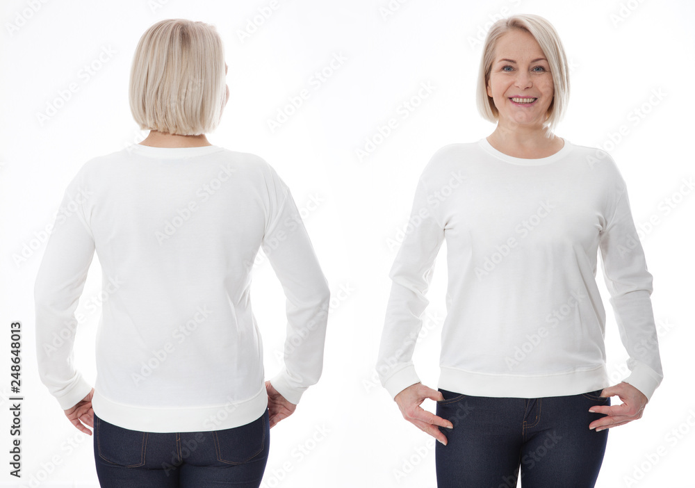 Shirt design and fashion concept. Woman in white sweatshirt front and rear, white hoodies, blank isolated on white background Shirt design and fashion concept. Woman in white sweatshirt front and rear, white hoodies, blank isolated on white background