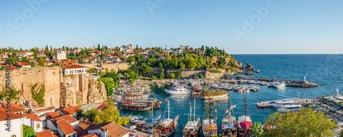 Panoramic view of old harbor and downtown called Marina in Antalya, Turkey, summer