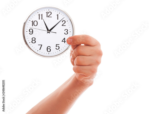 Human Hand Holding Clock Time isolated on white